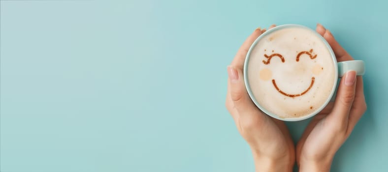 Cup of coffee with a happy smiling face, wake up in the morning, hot drink with caffeine, take a break, positive attitude