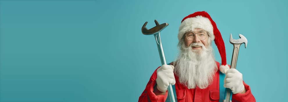 Santa Claus holding pliers tool, working as a handyman or craftsman, winter holiday season, christmas greeting card, blue background