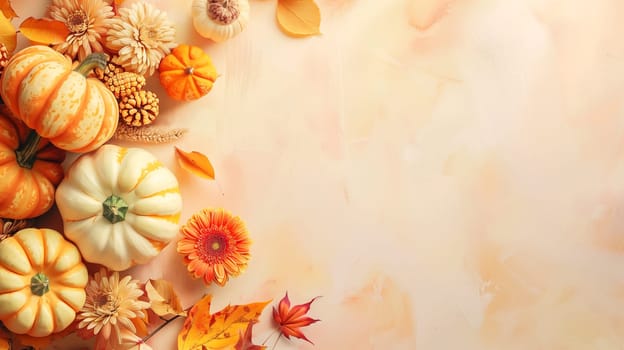 Thanksgiving background, pumpkin and autumn foliage, banner with copy space, holiday season