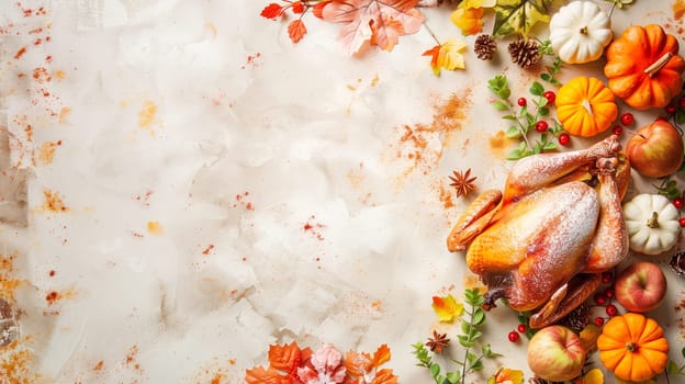 Thanksgiving background, roast turkey, pumpkin, autumn foliage, apples, pine cones and berries, banner with copy space
