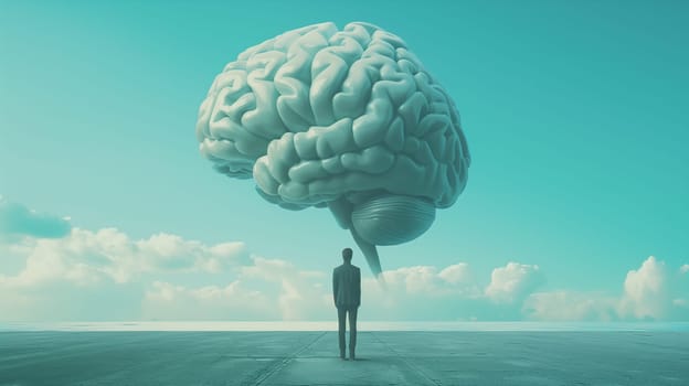 Man stands in front of a huge brain, connect to artificial intelligience, explosion of ideas, brainstorming for solutions, discovery, innovation and creativity