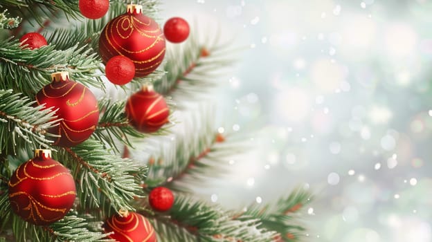 Red christmas baubles on a fir branch, bokeh fairy light, banner, background or greeting card, winter season