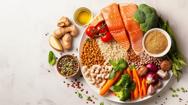 A balanced plate of food with lean proteins whole grain