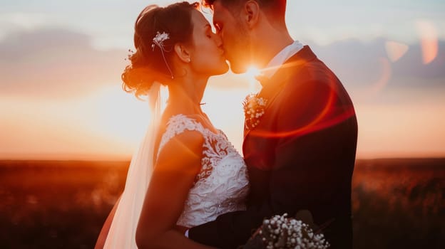 A bride and groom kissing at sunset
