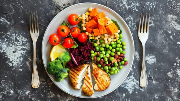 A balanced plate of food with lean proteins whole grain