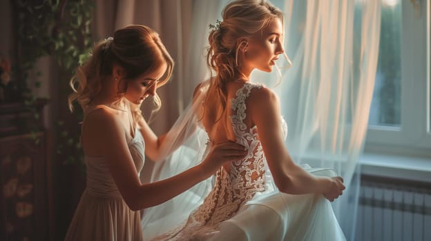A bridesmaid helping the bride with her dress
