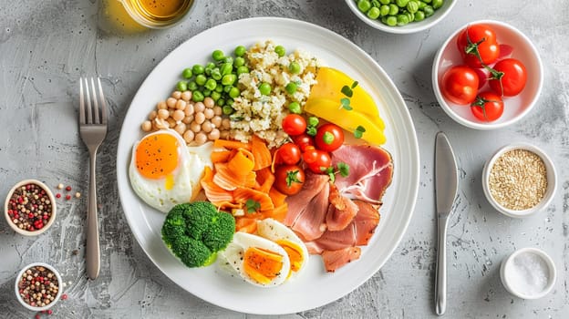 A balanced plate of food with lean proteins whole grain