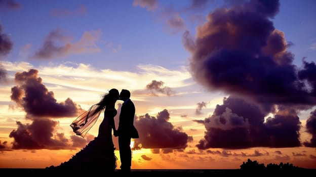 A bride and groom kissing at sunset