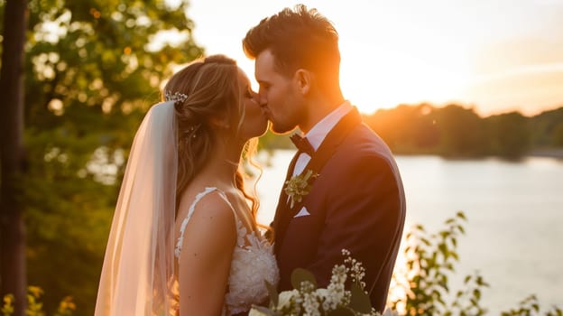 A bride and groom kissing at sunset