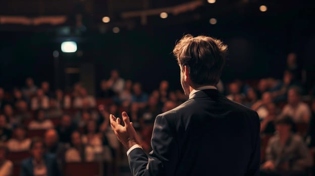 A businessman speaking to an audience at a conference