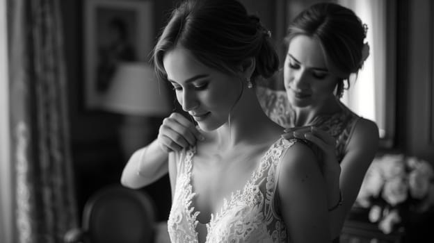 A bridesmaid helping the bride with her dress