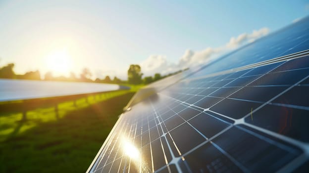 A close up view of a solar cell in a vast solar farm