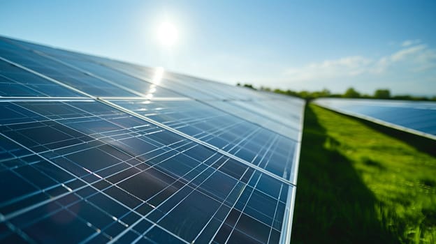 A close up view of a solar cell in a vast solar farm