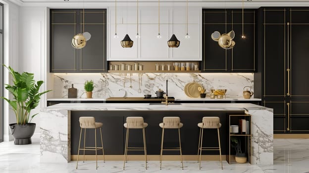A contemporary, chic kitchen featuring stylish black and white cabinets, golden fixtures, and marble tiles