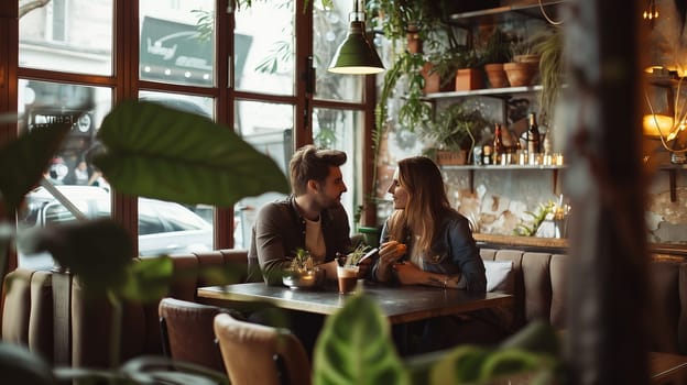 A couple sitting comfortably in a cafe and chatting