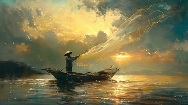 A fisherman casting his net from a boat