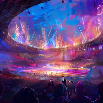 An artistic depiction of the opening ceremony of the 2024 Paris Olympics in the Stade de France. The stadium is filled with cheering spectators, colorful lights, and a grand performance featuring dancers and acrobats
