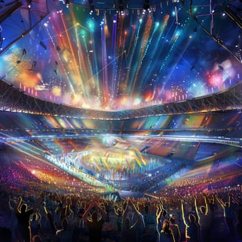 An artistic depiction of the opening ceremony of the 2024 Paris Olympics in the Stade de France. The stadium is filled with cheering spectators, colorful lights, and a grand performance featuring dancers and acrobats