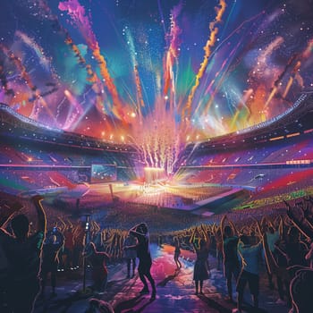 An artistic depiction of the opening ceremony of the 2024 Paris Olympics in the Stade de France. The stadium is filled with cheering spectators, colorful lights, and a grand performance featuring dancers and acrobats