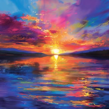 An image of a vibrant sunset over a serene lake, with colorful reflections shimmering
