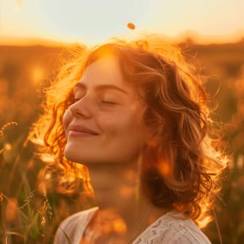 Backlit Portrait of calm happy smiling free woman with closed eyes enjoys a beautiful moment life on the fields at sunset
