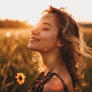 Backlit Portrait of calm happy smiling free woman with closed eyes enjoys a beautiful moment life on the fields at sunset