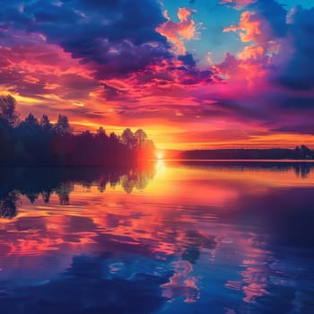 An image of a vibrant sunset over a serene lake, with colorful reflections shimmering