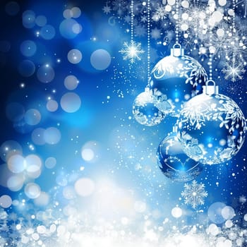 blue christmas background with snowflakes and christmas balls