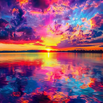 An image of a vibrant sunset over a serene lake, with colorful reflections shimmering