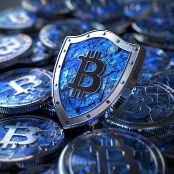 Blue metallic shield on a pile of Bitcoin coins with digital network connections