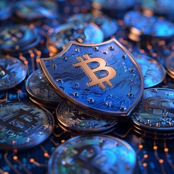 Blue metallic shield on a pile of Bitcoin coins with digital network connections
