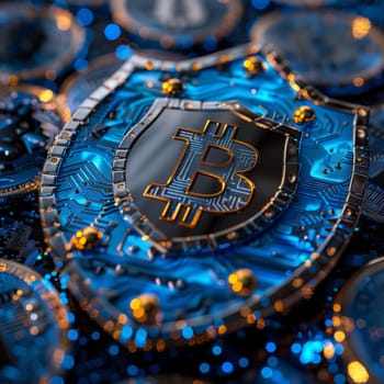 Blue metallic shield on a pile of Bitcoin coins with digital network connections