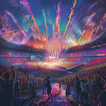 An artistic depiction of the opening ceremony of the 2024 Paris Olympics in the Stade de France. The stadium is filled with cheering spectators, colorful lights, and a grand performance featuring dancers and acrobats
