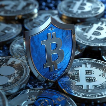 Blue metallic shield on a pile of Bitcoin coins with digital network connections