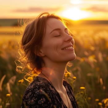 Backlit Portrait of calm happy smiling free woman with closed eyes enjoys a beautiful moment life on the fields at sunset