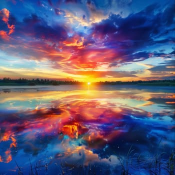 An image of a vibrant sunset over a serene lake, with colorful reflections shimmering