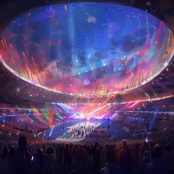 An artistic depiction of the opening ceremony of the 2024 Paris Olympics in the Stade de France. The stadium is filled with cheering spectators, colorful lights, and a grand performance featuring dancers and acrobats