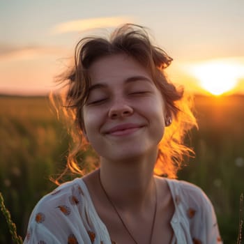 Backlit Portrait of calm happy smiling free woman with closed eyes enjoys a beautiful moment life on the fields at sunset