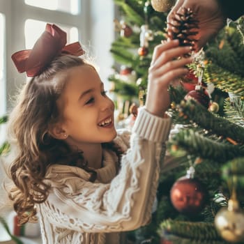 Happy parent helping their daughter decorate the house christmas tree , smiling young girl enjoying festive activities concept