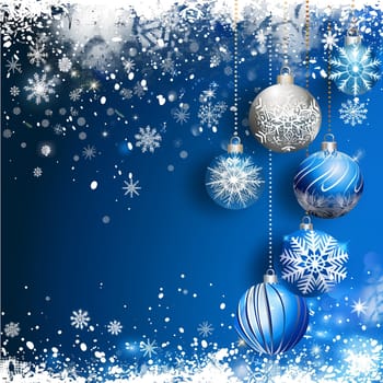 blue christmas background with snowflakes and christmas balls