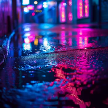 Multi-colored neon lights on a dark city street, reflection of neon light in puddles and water. Abstract night background, blurred bokeh light. Night view colorful