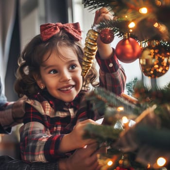 Happy parent helping their daughter decorate the house christmas tree , smiling young girl enjoying festive activities concept
