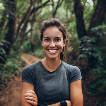 healthy woman with beautiful smile. trail running, marathon, triathlon running, outdoor nature