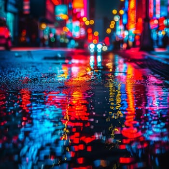 Multi-colored neon lights on a dark city street, reflection of neon light in puddles and water. Abstract night background, blurred bokeh light. Night view colorful