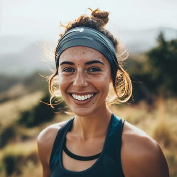 healthy woman with beautiful smile. trail running, marathon, triathlon running, outdoor nature