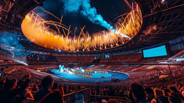 The opening ceremony of the 2024 Olympic Games in Paris, a grand stadium filled with thousands of spectators, colorful fireworks lighting up the night sky