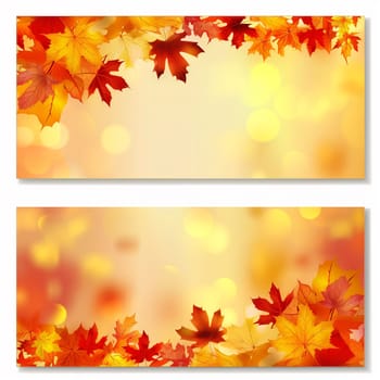 web banner design for autumn season and end year activity with red and yellow maple leaves with soft focus light and bokeh background