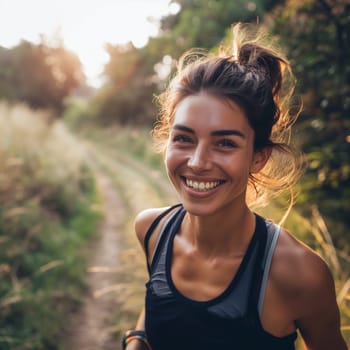 healthy woman with beautiful smile. trail running, marathon, triathlon running, outdoor nature