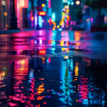 Multi-colored neon lights on a dark city street, reflection of neon light in puddles and water. Abstract night background, blurred bokeh light. Night view colorful