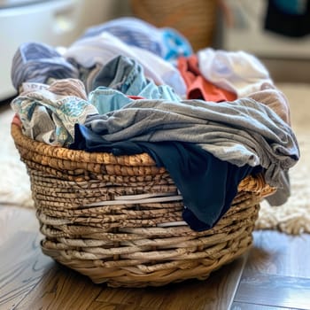 A wicker laundry basket filled with colorful clothes rests on a wooden floor